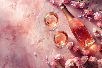Bottle of rose sparkling wine, two filled wine glasses and rosebuds on textured pink background with daylight and strong shadows. Summer romance concept. Pink monochrome photo, top view, copy space. - obrazy, fototapety, plakaty