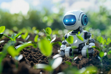 AI-powered robotics assisting in agricultural tasks such as planting, watering, and harvesting crops. - obrazy, fototapety, plakaty