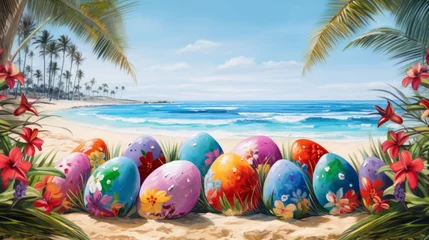 Fototapeten Easter eggs colorful, Background landscape illustration © tetxu
