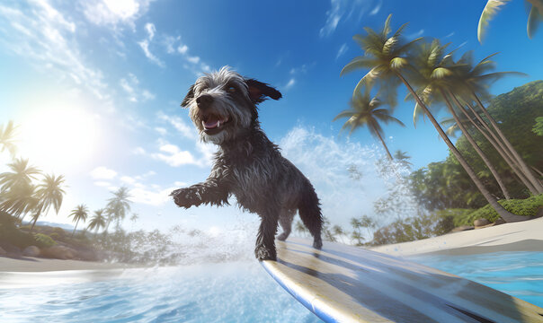 A Dog Surfing on a Surfboard with Blue Sky View