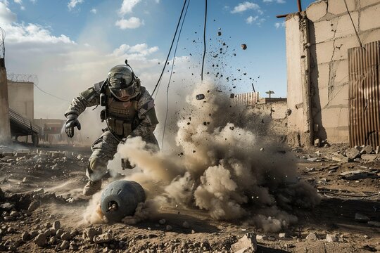 Bomb disposal technician defusing an improvised explosive device in a war zone, Generative AI