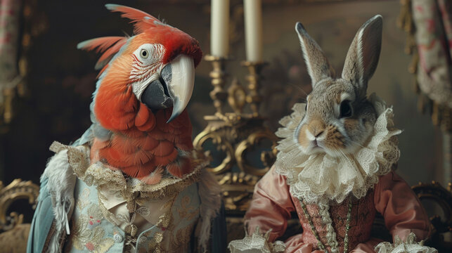 A whimsical image featuring a parrot and a rabbit dressed in elaborate 18th-century styled costumes, portraying them in a humanized scene set against a vintage backdrop
