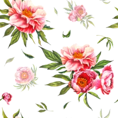 Zelfklevend Fotobehang Vintage Style pink Floral Pattern on white Background, Spring Floral, Classic Dainty Floral Seamless Print Design Watercolor peony bud Flower in pastel rose colors with green leaves. Hand drawn floral © Freshinglights