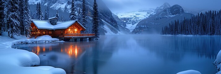 Beautiful view of snow-capped emerald lake and glowing log cabins in rocky mountains and pine forest in winter at Yoho National Park, British Columbia, Canada. - obrazy, fototapety, plakaty