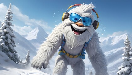  The laughter of carefree fun with Zippy the Yeti a quirky snow creature with snowflake glasses and earmuffs skiing and snowboarding down a mountain slope amidst a flurry of snowflakes