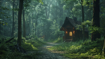 A cozy wooden cabin with glowing windows is nestled among dense forest trees, with a serene path leading towards it amidst the tranquil greenery of a misty woodland. - obrazy, fototapety, plakaty