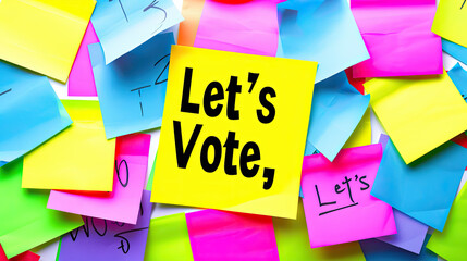 Colorful sticky notes with Lets Vote written on a standout yellow one conveying a message of encouragement for voting participation