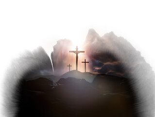 Calvary Golgotha hill background, cross symbolizing Jesus' sacrifice and suffering and red light,...