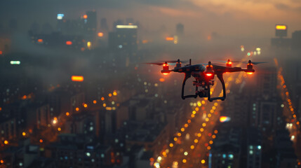 A drone equipped with lights flies over a city at dusk, capturing the urban landscape shrouded in a warm glowing haze under the dimly lit sky. - obrazy, fototapety, plakaty