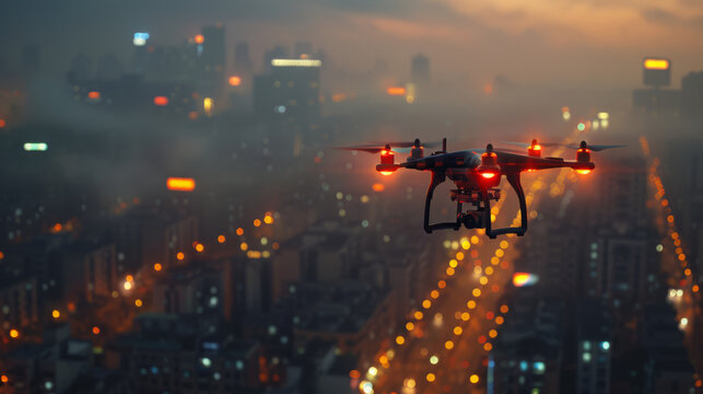 A drone equipped with lights flies over a city at dusk, capturing the urban landscape shrouded in a warm glowing haze under the dimly lit sky.