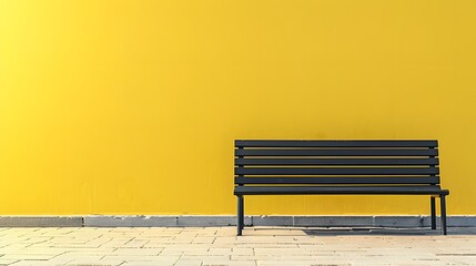 A bench against the backdrop of yellow wall with copy space. - obrazy, fototapety, plakaty