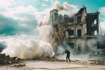 Demolition expert detonating explosives to bring down a dilapidated building, Generative AI