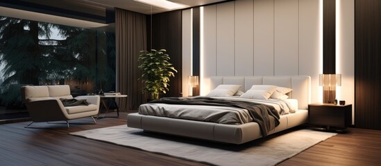 of a large bedroom with a comfortable bed in a modern, classic design.