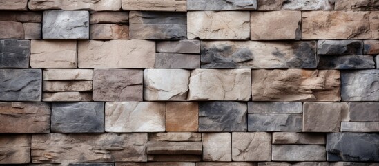 A detailed close up of a brown stone wall with a brick pattern, showcasing the rectangular bricks that make up the composite material. The natural rock texture complements the wood flooring
