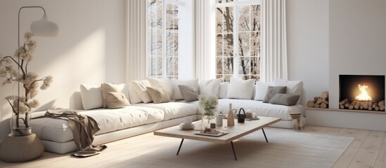 Scandinavian living room with white decor and home interior design