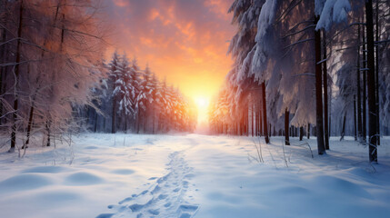 Beautiful path in the winter forest at sunset 