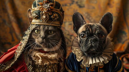 Obraz premium Cat and dog dressed in elaborate royal attire, posing regally with a vintage aesthetic backdrop, capturing a humorous and majestic representation of pet royalty.