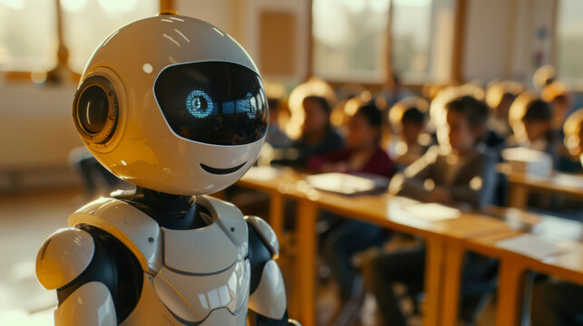 A humanoid robot with a digital face stands at the front of a classroom filled with students during a sunny day, symbolizing the future of education and technology in learning environments.