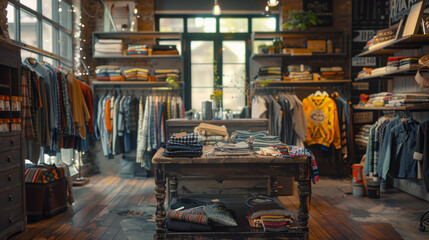Cozy vintage clothing store interior with an assortment of clothes displayed on racks, shelves, and wooden tables under warm lighting.