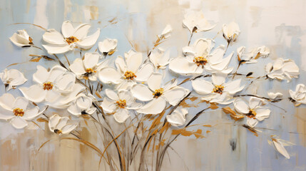 Blooming white flowers pnted in thick impasto style 