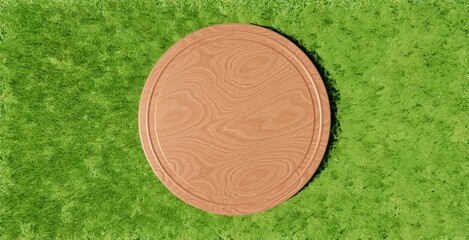 Round wooden board on green grass