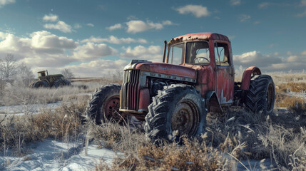 An abandoned old rusty tractor sits amidst an overgrown field, a testament to the passage of time and neglect.