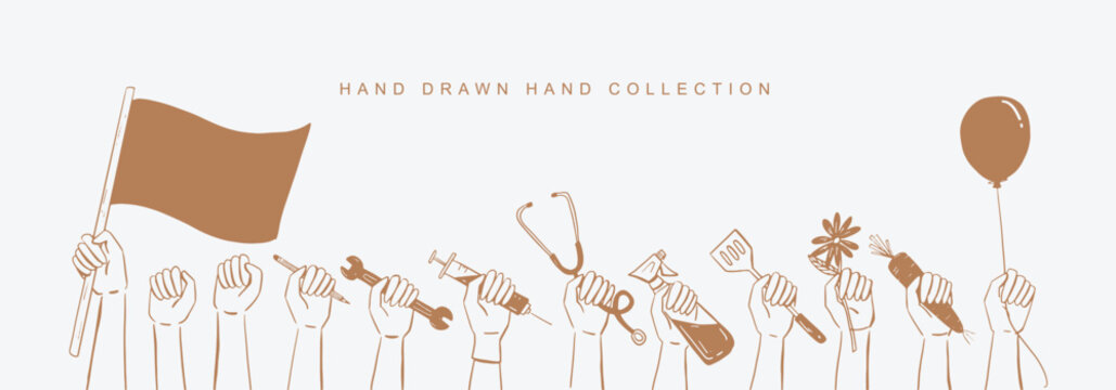 Hand drawn line drawing International Labour Day in a collection 