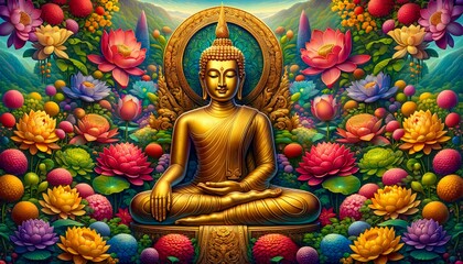Serenity in Color. Buddha's Peaceful Repose in a Floral Oasis