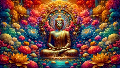 Obraz premium Serenity in Color. Buddha's Peaceful Repose in a Floral Oasis