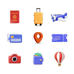Airplane, map point, ticket, baggage, suitcase, wallet. 3d tourism travel icons - 758648968