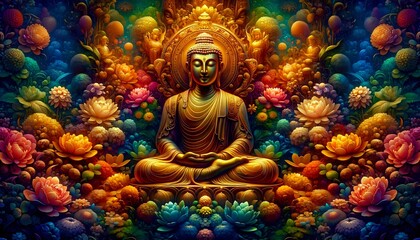 Serenity in Color. Buddha's Peaceful Repose in a Floral Oasis