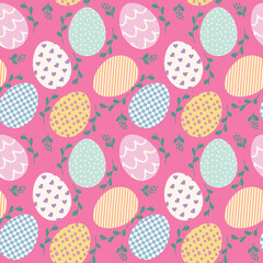 Seamless cute fun pattern of easter eggs decorated in pastel shades, with a collage of mixed motifs in them like florals, checks, stripes, dots, wavy lines. Great for kids clothing and decor, wrapping