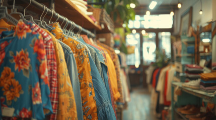 Fototapeta na wymiar A variety of colorful shirts hanging on racks in a cozy, well-lit boutique clothing store, with soft focus on the clothing in the foreground and a blurred bokeh background