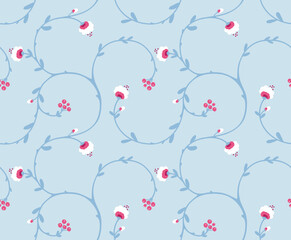 Seamless floral pattern with swirling vines, white flowers and small berries, in pink white on a blue background. Great for wrapping paper, holidays, decor, accessories, fashion and backgrounds