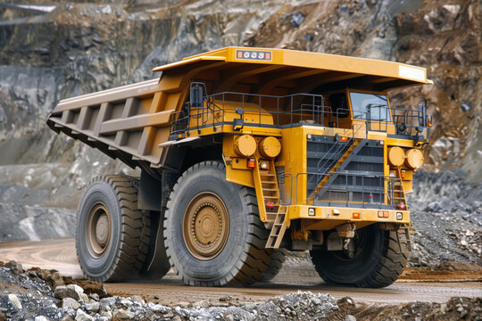 Mining dump truck rides through the quarry, its robust frame navigating the rugged terrain with ease as it transports materials from one area to another, embodying the industrious spirit.