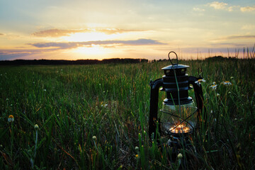 Old Lantern at Sunset - Beautiful - Sky - Background - Lamp - Glow  - Kerosene  - Burning - Vintage...