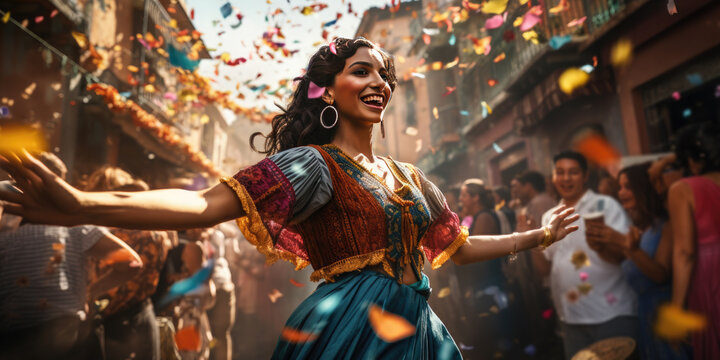 Fototapeta A beautiful Mexican happy woman in national clothes dances folklore at street festivities during the Cinco de Mayo holiday. Cinco De Mayo - Mexico's national holiday