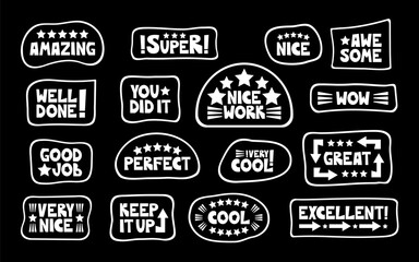 Good job, nice work, super, well-done sticker set. Positive, inspirational, and praising lettering words and phrases to celebrate the school, educational, student, and work results and success. Vector