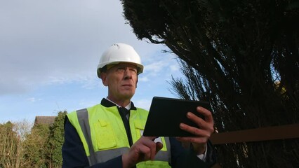 A senior architect examining plans on a tablet in the driveway of a large building on a construction site in a residential street with traffic on the road in the background