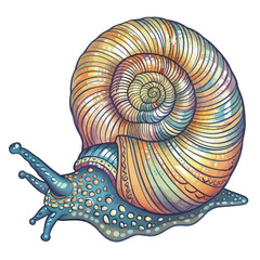 Illustration of a snail in a shell on a white background.