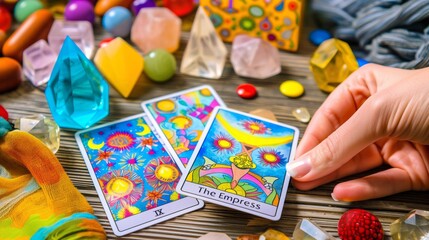 Hand Arranging The Empress Tarot Card with Colorful Crystals