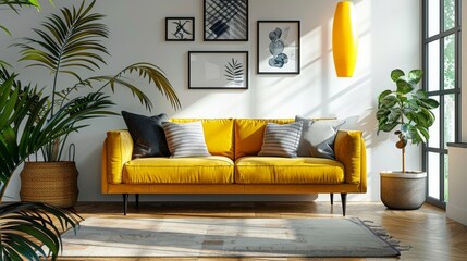 Interior of modern cozy living room in Scandi style. Stylish yellow sofa with pillows, carpet on the floor, posters on the wall, indoor plants. Contemporary home design. Mockup.