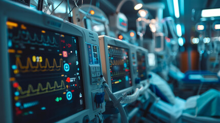 A close-up view of medical monitoring equipment displaying vital sign graphs and data, situated in a hospital setting with a dimly lit background suggesting an intensive care unit. - obrazy, fototapety, plakaty