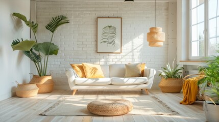 Interior of modern cozy living room in Scandi style. Stylish sofa with pillows, braided rug on the floor, wicker interior items, indoor plants. Contemporary home design. Mockup.