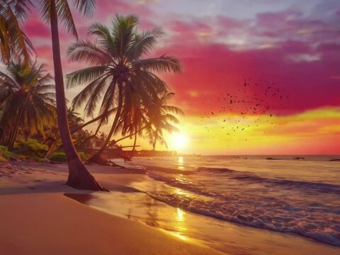 beach scene with palm trees or coconut trees and birds flying at sunset
