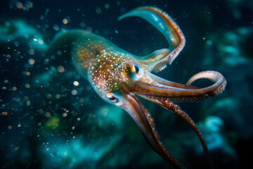 Squid Gliding in the Deep Blue. A glittering squid, effortlessly navigating the marine depths