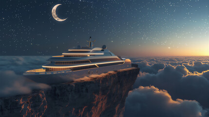 Luxury cruise ship stuck on the edge of rock cliff in the night with sea of clouds, stars and moon - obrazy, fototapety, plakaty