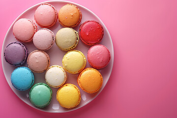 Obraz premium Traditional French cookie macarons lined up in a neat row, Tasty fruits flavored sweet cookies macaron dessert cake with stack focus.