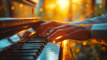 Human hands playing the piano.