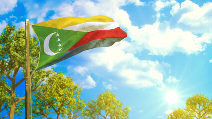 flag of Comoros at sunny day, summer season symbol - nature 3D illustration